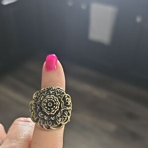 paparazzi Antique Gold Floral Dome Ring with Pink Accent
